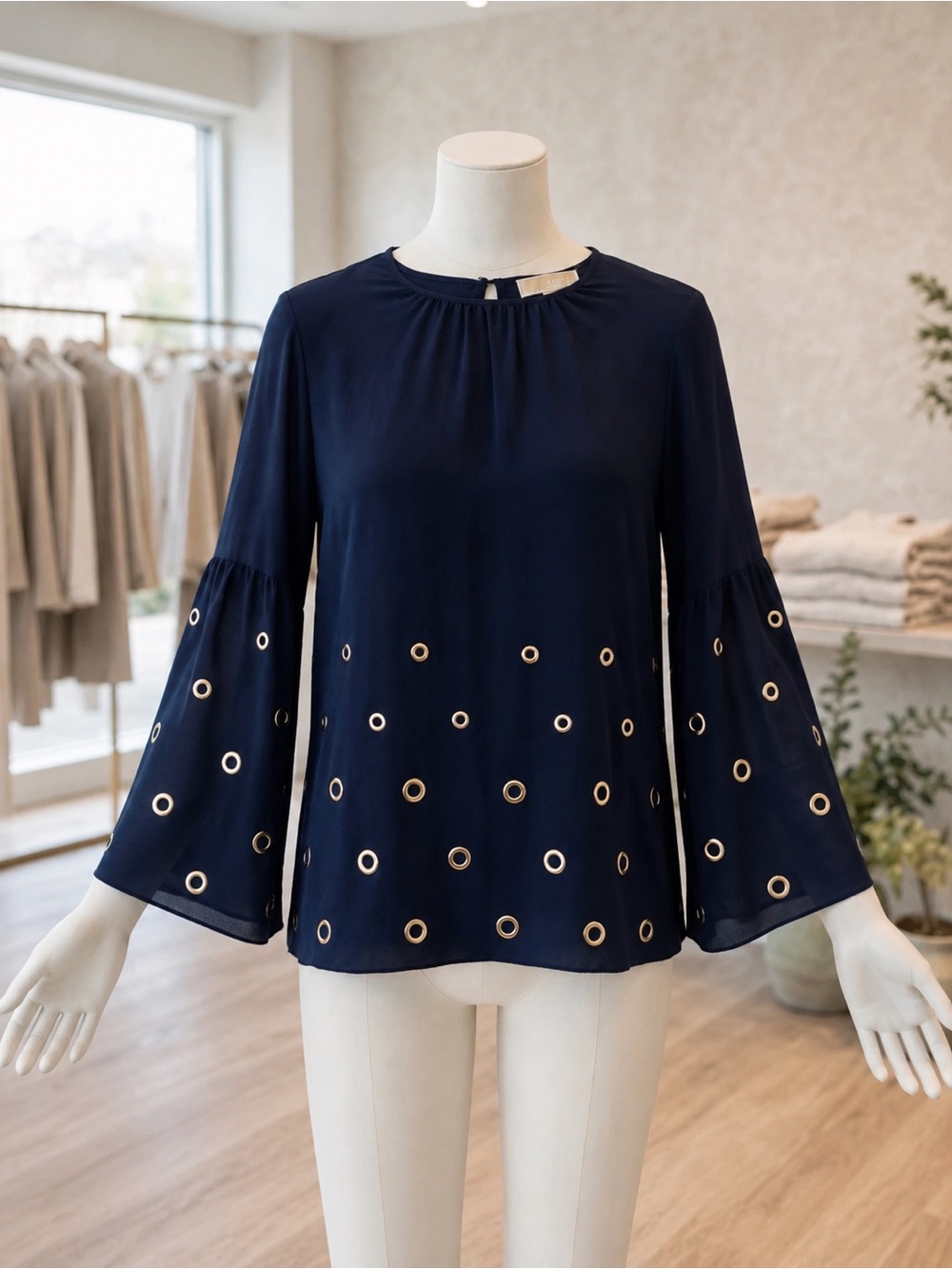 Michael Michael Kors Navy Bell Sleeve Blouse Size M With Gold Rivets